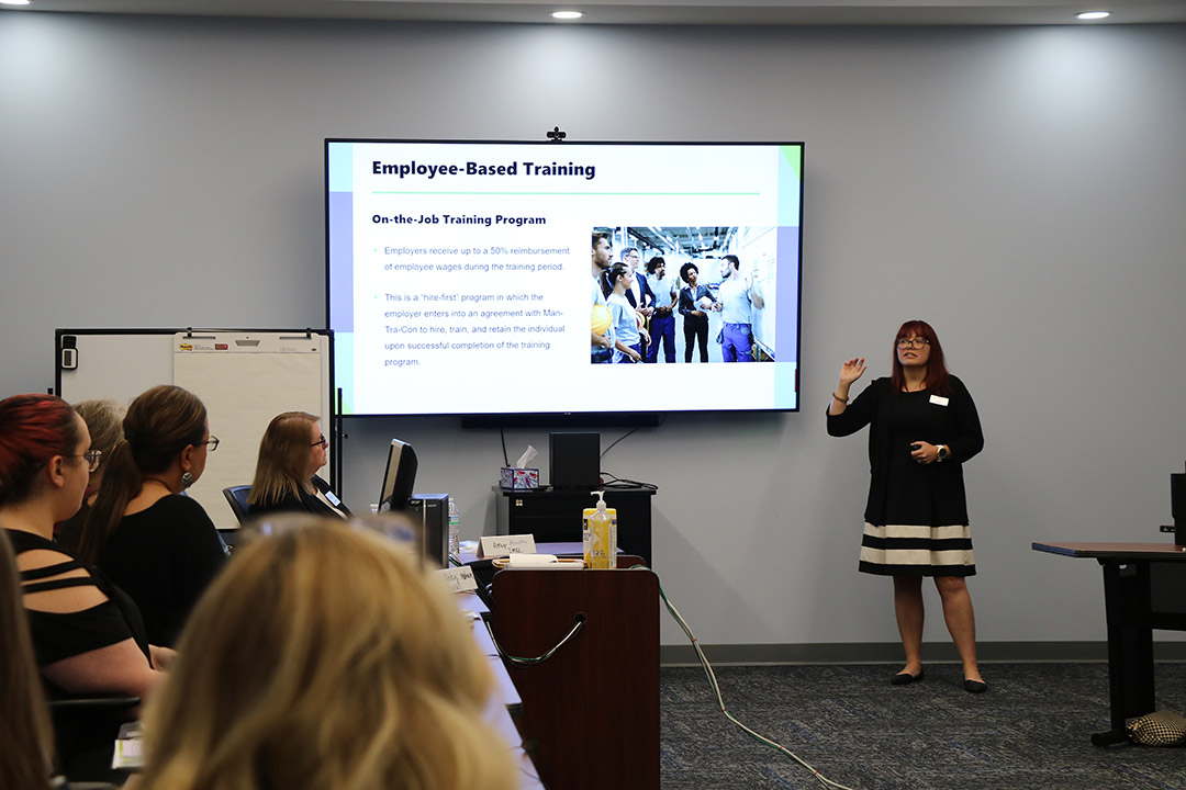 Employer Services Coordinator Abby Russell from Man-Tra-Con explains employer-based training assistance available through Man-Tra-Con and Apprenticeship Illinois programs.