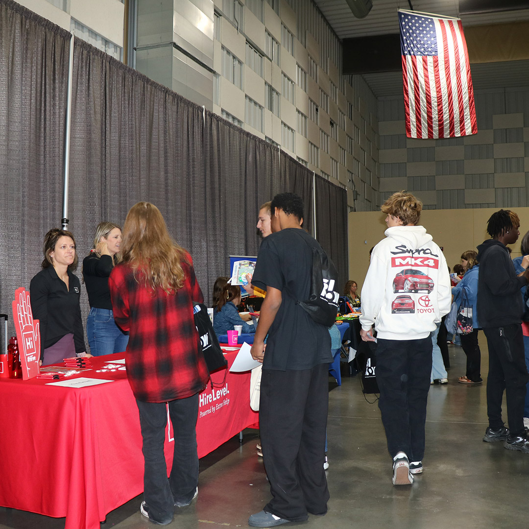 Students visit the HireLevel table.